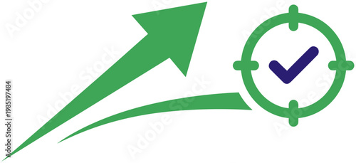 Green arrow rising to target with checkmark, symbolizing success, goals, and growth