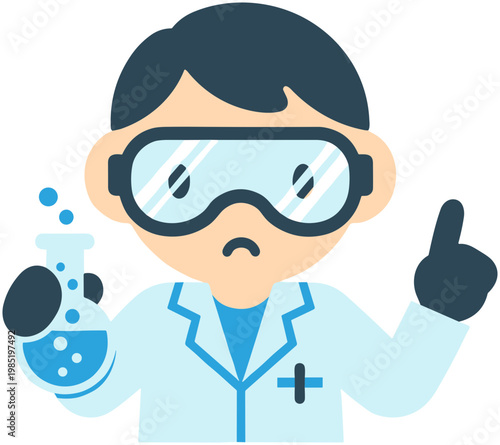 Sad Scientist with Flask and Goggles, Chemical Reaction Experiment