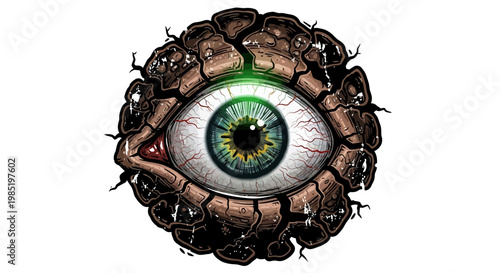 Surreal eye with cracked texture and green glow