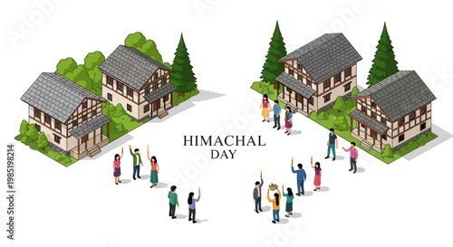 Isometric illustration celebrating Himachal Day, showcasing traditional houses and groups of people standing on a white background, designed with a clean vector style to honor Himachal