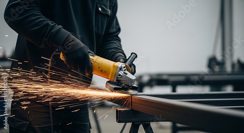 Close-up of a worker using an angle grinder on a metal beam, creating a shower of bright sparks. Highlighting industrial work, metal fabrication, and safety equipment.