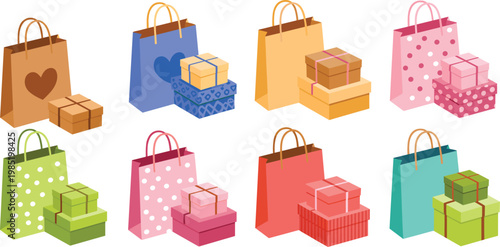 Colorful Shopping Bag And Stacked Gift Box Vector Illustration Set For Retail Sale Holiday Promotion And Birthday Celebration Greeting Card Design
