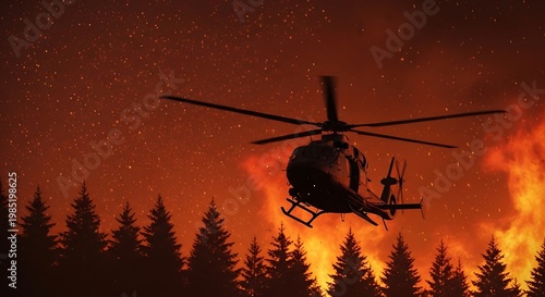A dramatic scene of a helicopter silhouetted against a raging forest fire with smoke, flames, and embers. Represents wildfire emergency and rescue efforts.