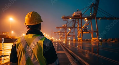 Rear view of a worker in a hard hat and high-vis vest at a modern container port, with illuminated gantry cranes against a dark sky. Industry and logistics theme.