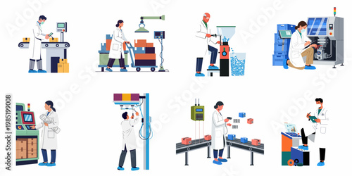 Collection of professional workers in white lab coats operating machinery, scanning products, and performing quality control in a modern industrial factory setting.
