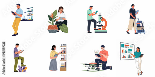 Set of professional scientists and researchers using digital tablets for data collection and analysis across various fields like botany, geology, and technology.