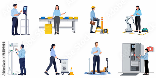 Flat vector set of industrial and warehouse workers performing diverse roles including machine operation, technical maintenance, robotics programming, and logistics management.