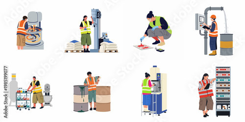 Set of industrial workers performing various tasks in a paint factory, including mixing, testing, quality control, and inventory management in a flat design style.