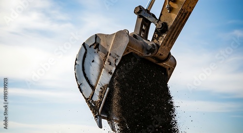 Close-up of a heavy-duty excavator bucket actively dumping dark soil, dirt, and gravel against a bright, clear blue sky. Essential for construction, civil engineering, and earthmoving projects.