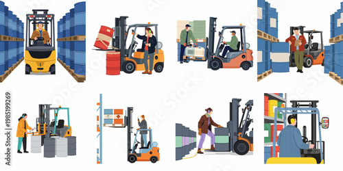 Flat vector illustrations of warehouse workers operating forklifts to manage and transport industrial barrels in a storage facility.