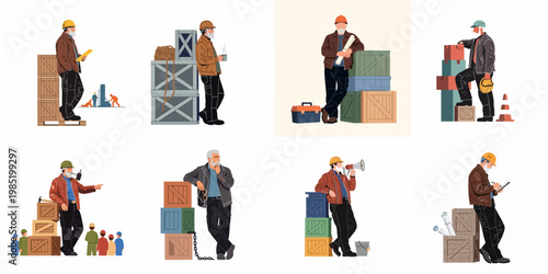 Set of vector illustrations featuring an elderly construction foreman or supervisor in various professional poses and scenarios at a building job site.
