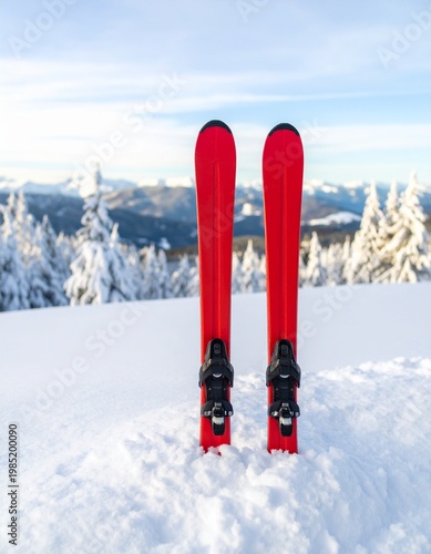 Bright red skis standing upright in fresh snow with snowy trees distant mountains and blue white winter sky