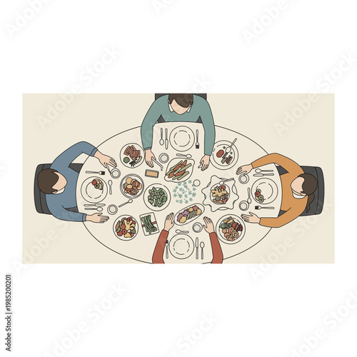 People eating dinner at round table top view illustration