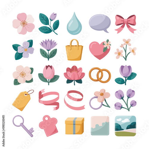 cute spring flower and romantic symbol collection with bow heart ring and gift box vector set