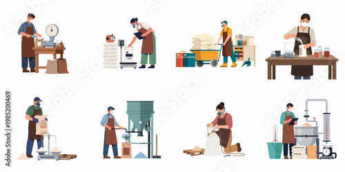 Set of Flat Vector Illustrations Depicting Workers in Protective Gear Handling Powdered Materials and Chemicals in a Factory or Laboratory Setting