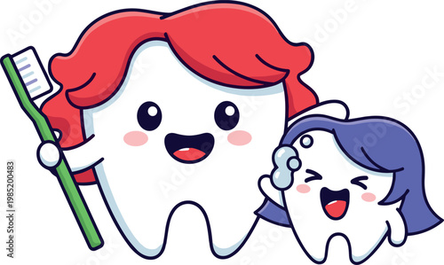 Cute cartoon tooth family brushing teeth with toothbrush dental care hygiene concept kids oral health vector illustration