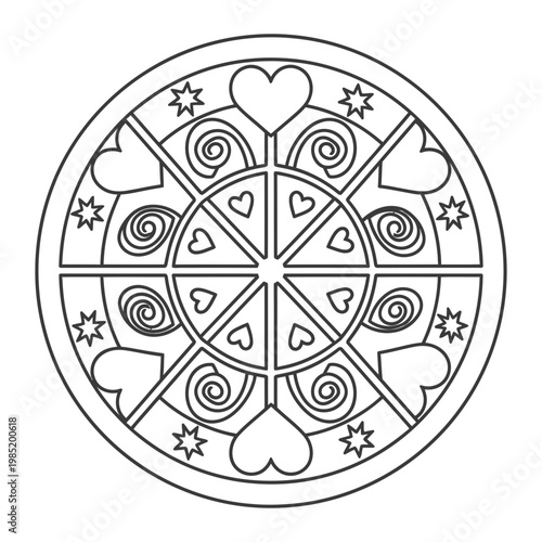Heart mandala line art for coloring book page or relaxation activity