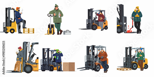 Vector illustration set featuring various forklift operators in winter clothing taking coffee breaks next to industrial machinery and warehouse equipment.