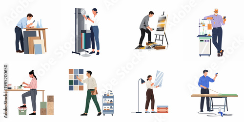 Set of flat illustrations depicting professionals working with color swatches, materials, and workshop tools for industrial design, textile, and interior decoration projects.