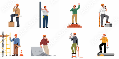 Flat Vector Illustration Set of Construction Workers and Foremen in Diverse Poses Using Safety Equipment and Tools for Site Management