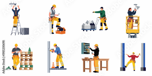 Set of diverse industrial and construction workers performing various maintenance, installation, and manufacturing tasks, flat vector illustration isolated on white.