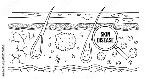 Human skin layers cross section with skin disease symptoms illustration.