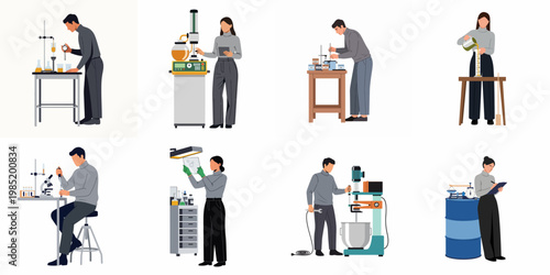 Set of flat vector illustrations depicting professional scientists and technicians working in laboratory and industrial environments conducting experiments and quality control tests.