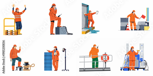 Set of industrial and maritime workers in orange safety gear performing various tasks like signaling, communicating, and inspecting at a port or warehouse.