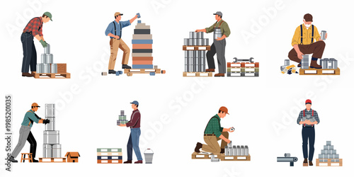 Flat vector illustration of industrial workers stacking and organizing metal cans on wooden pallets in a warehouse or factory setting.