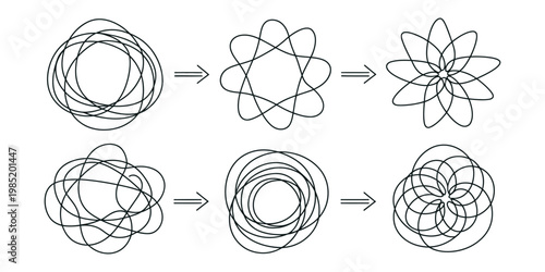 Abstract development process illustration, lines evolving from simple structure to complex tangled network, symbolizing problem solving, growth, and cognitive progression, modern vector concept.