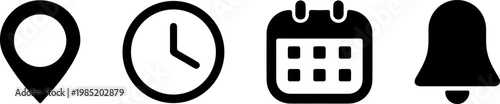 date time location notification icon set. Address, time, calendar bell notification icons collection.