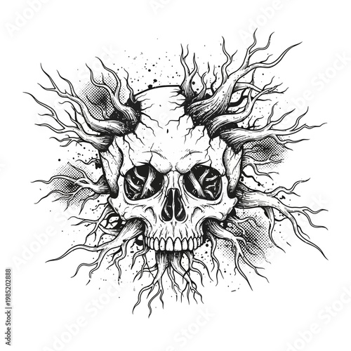 Macabre Skull with Entangling Tree Roots and Branches