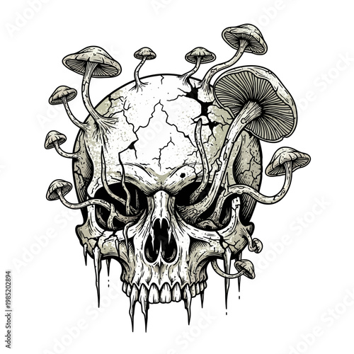Macabre Skull with Fungi Growth