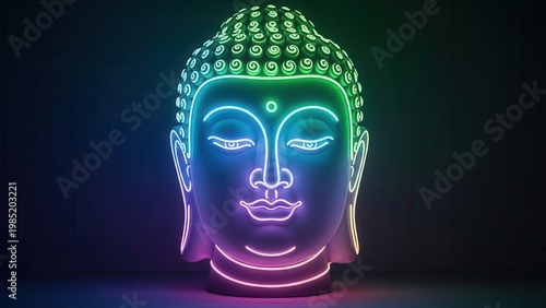 Vibrant neon illuminated spiritual Buddha head glowing in a harmonious spectrum of modern light