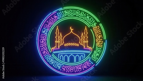 Vibrant neon mosque and minarets with glowing Arabic calligraphy in a modern digital art style on