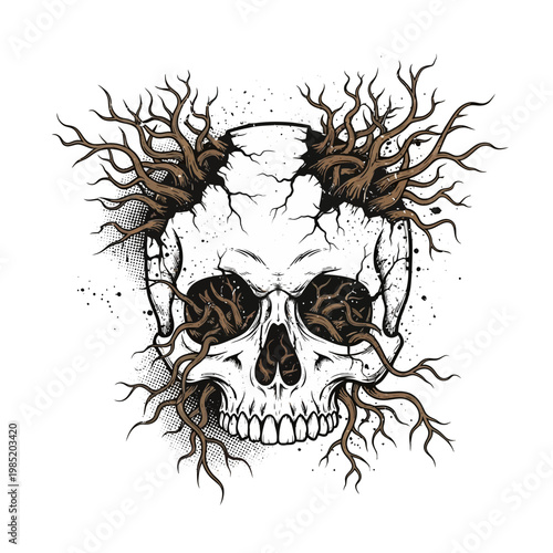 Skull with tree branches growing out of it, dark fantasy, gothic art