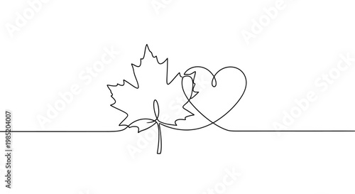 Canadian Maple Leaf and Heart Single Line Drawing - Love Canada Symbol