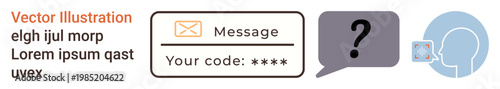 Digital security, online messaging, identity verification, password authentication, data protection, risk assessment. Speech bubble with question mark, code entry box profile outline. Digital