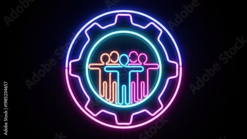 Luminous Digital Teamwork Symbolized by Connected Neon Figures within a Bright Gear Outline