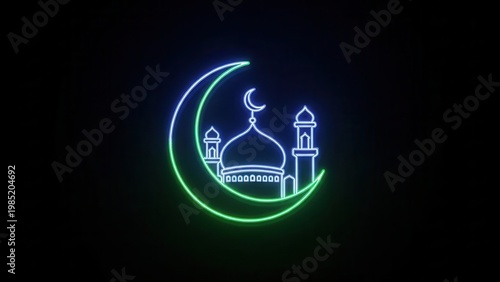 Vibrant neon mosque and crescent moon symbol glowing on a dark background for Islamic celebrations