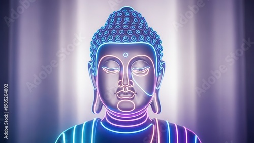 Enlightened Serenity: A Modern Meditative Buddha Form in Luminous Neon Hues Amidst Peaceful Aura