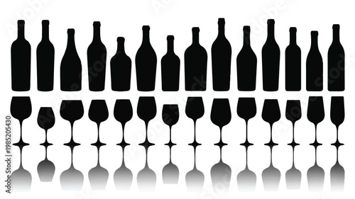 An illustration of various wine bottles and glasses arranged horizontally on a reflective surface