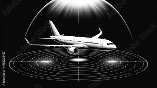 An airplane flies through a radiant beam of light on a circular radar system