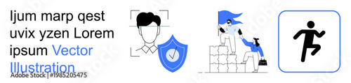 Data security, identity management, teamwork, scalable business growth, verification, activity tracking. Shield with a face, team climbing steps and running figure. Data security and identity