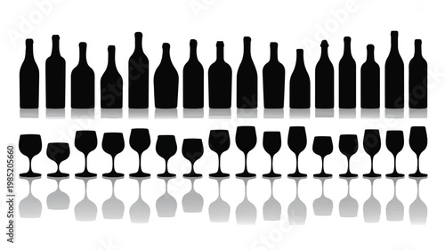 An illustration of wine bottles and glasses arranged on a reflective surface