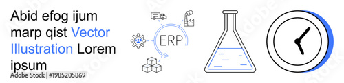 Business systems, time tracking, process optimization, lab research, enterprise solutions, innovation. ERP system flow, laboratory flask and clock. Business systems and time tracking concepts