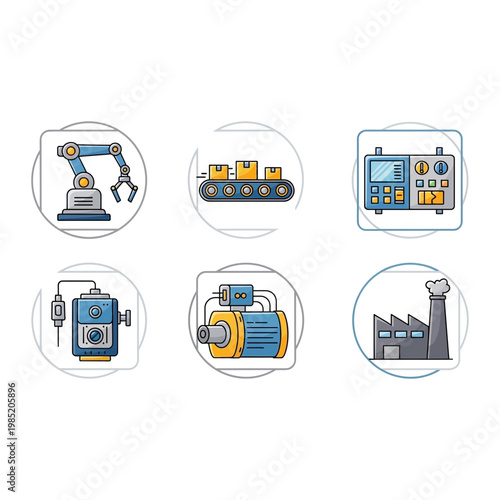 Set of six industrial manufacturing icons with robotic arms and conveyor belts