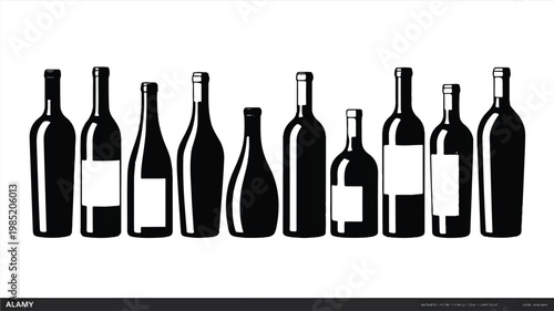 An illustration shows ten wine bottles arranged in a row on a table indoors.