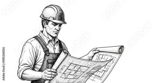Construction worker reviewing architectural blueprint plans on site.