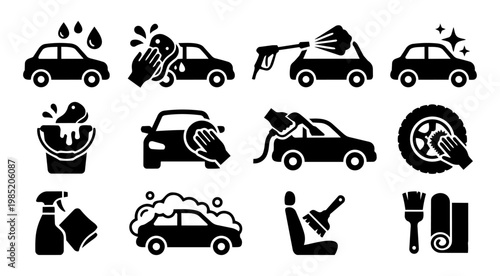 Car Detailing Icon Set Vehicle Cleaning Auto Care Wash Silhouette Collection